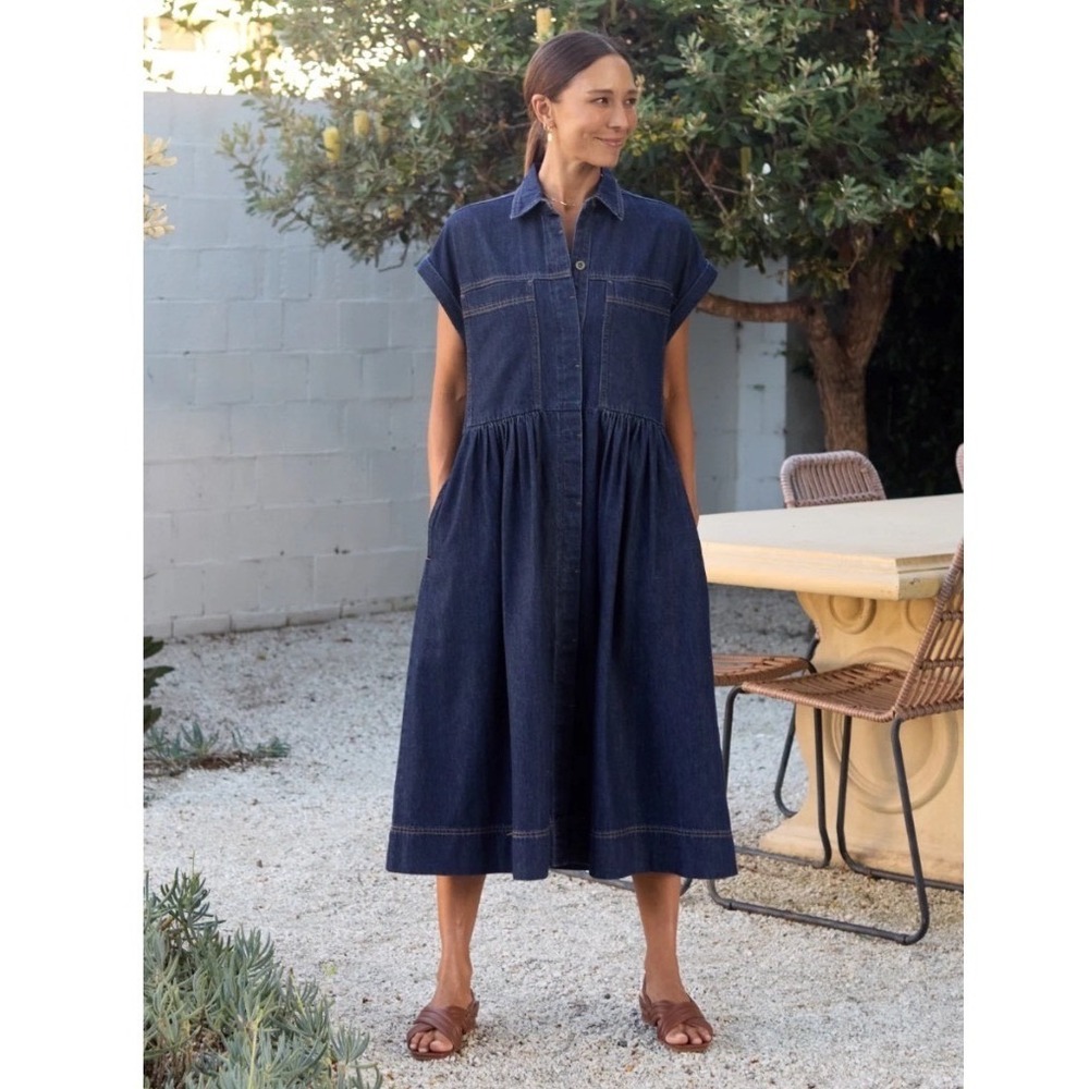 MAYE Harper Denim‎ Dress Indigo Blue Midi Short Sleeve Button Front Relaxed 2X